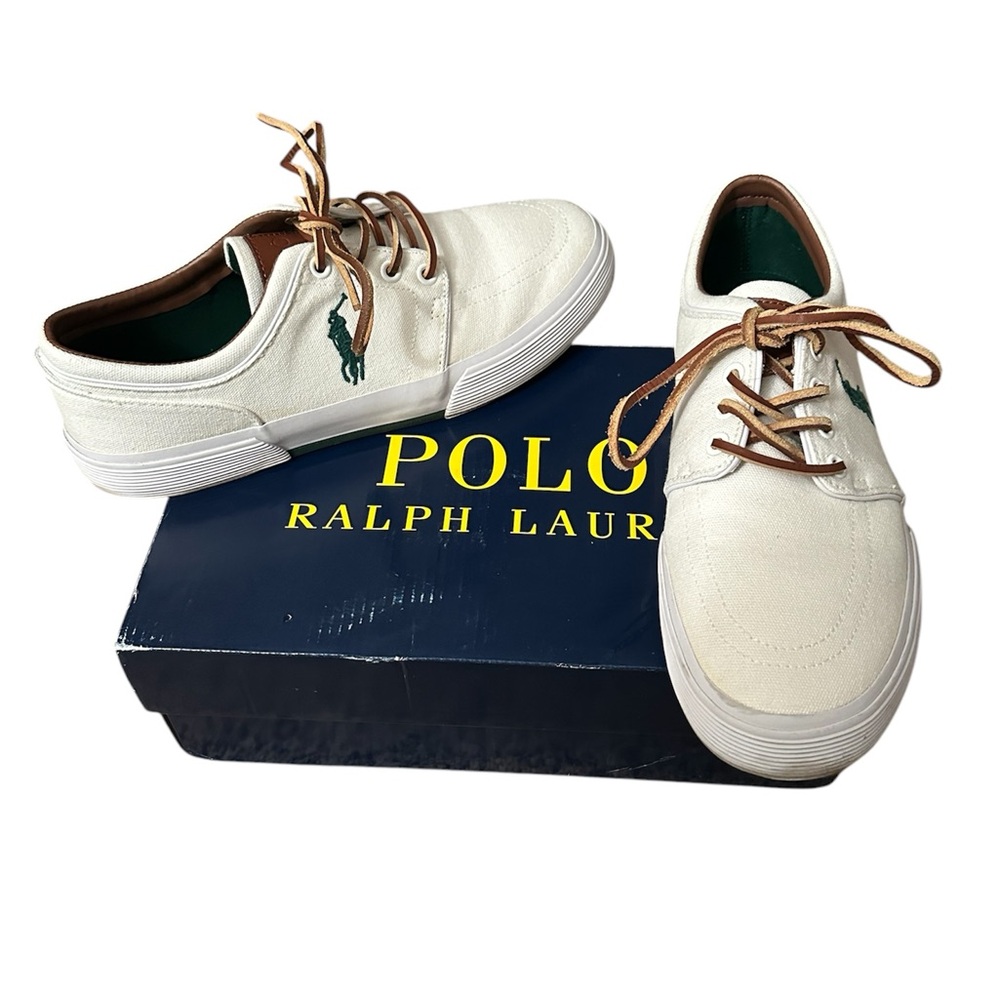 SOLD - Polo by Ralph Lauren White and Brown Sneakers with Canvas Body - Picture 5 of 5